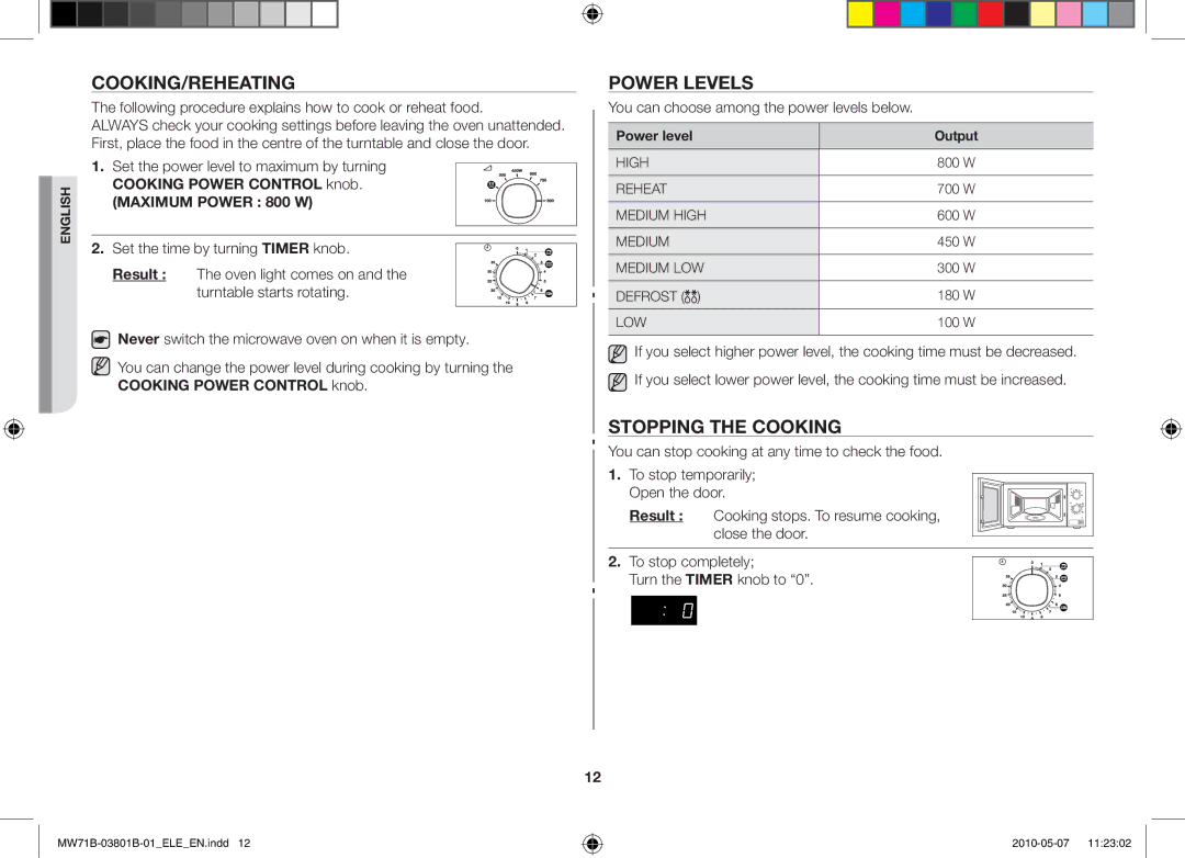 Samsung MW71B/BOL, MW71B/XEO, MW71B/ELE, MW71B/XEG Cooking/Reheating, Power levels, Stopping the cooking, Power level Output 