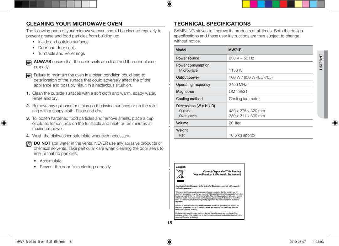 Samsung MW71B/XEG, MW71B/BOL, MW71B/XEO, MW71B/ELE manual Cleaning your microwave oven, Technical specifications, Model 