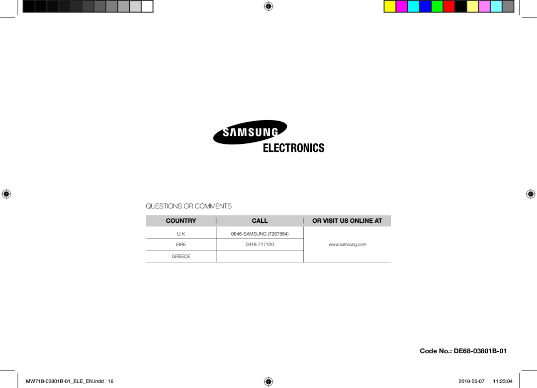 Samsung MW71B/BOL, MW71B/XEO, MW71B/ELE, MW71B/XEG manual Code No. DE68-03801B-01 