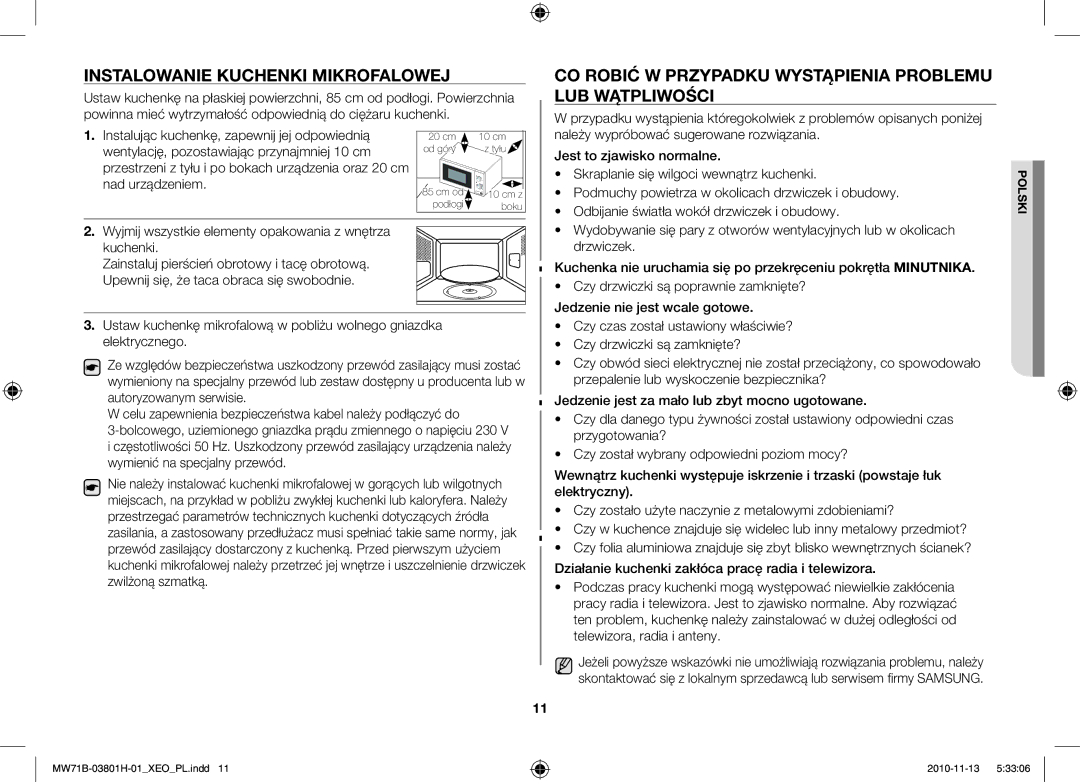 Samsung MW71B/XEG Instalowanie Kuchenki Mikrofalowej, CO Robić W Przypadku Wystąpienia Problemu LUB Wątpliwości, Drzwiczek 