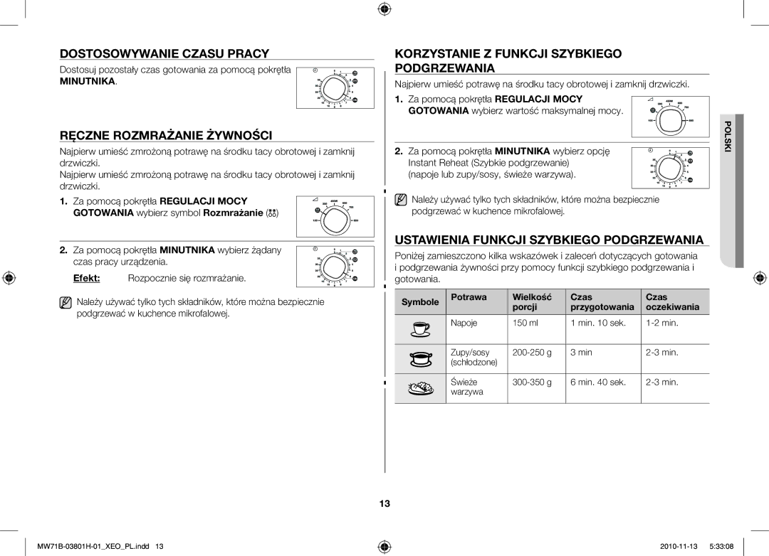 Samsung MW71B/XEO Dostosowywanie Czasu Pracy, Ręczne Rozmrażanie Żywności, Korzystanie Z Funkcji Szybkiego Podgrzewania 