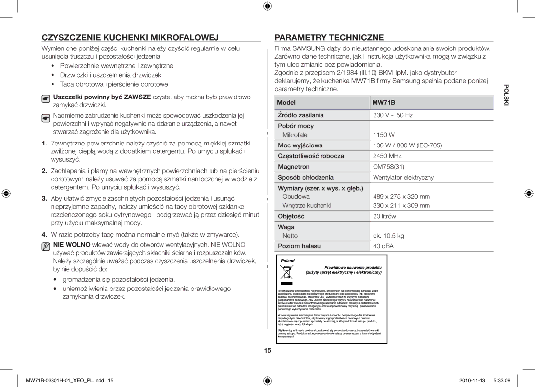 Samsung MW71B/XEG, MW71B/BOL, MW71B/XEO, MW71B/ELE manual Czyszczenie Kuchenki Mikrofalowej, Parametry Techniczne, Model 