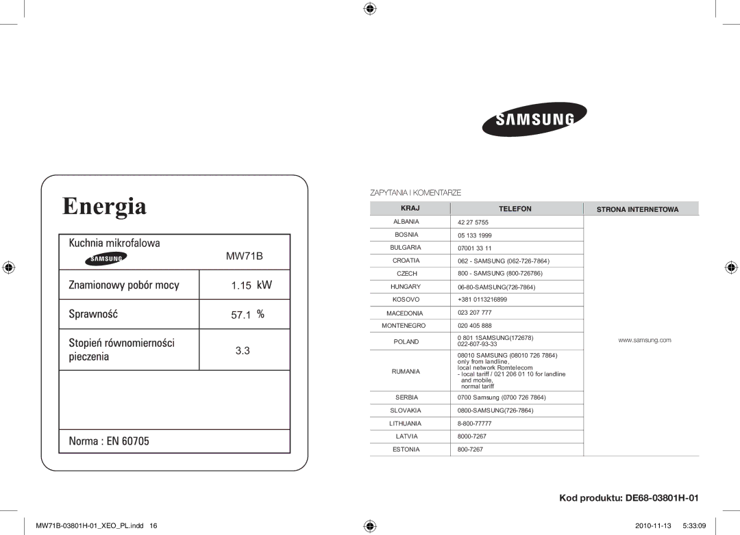 Samsung MW71B/BOL, MW71B/XEO, MW71B/ELE, MW71B/XEG manual 57.1, Kod produktu DE68-03801H-01 