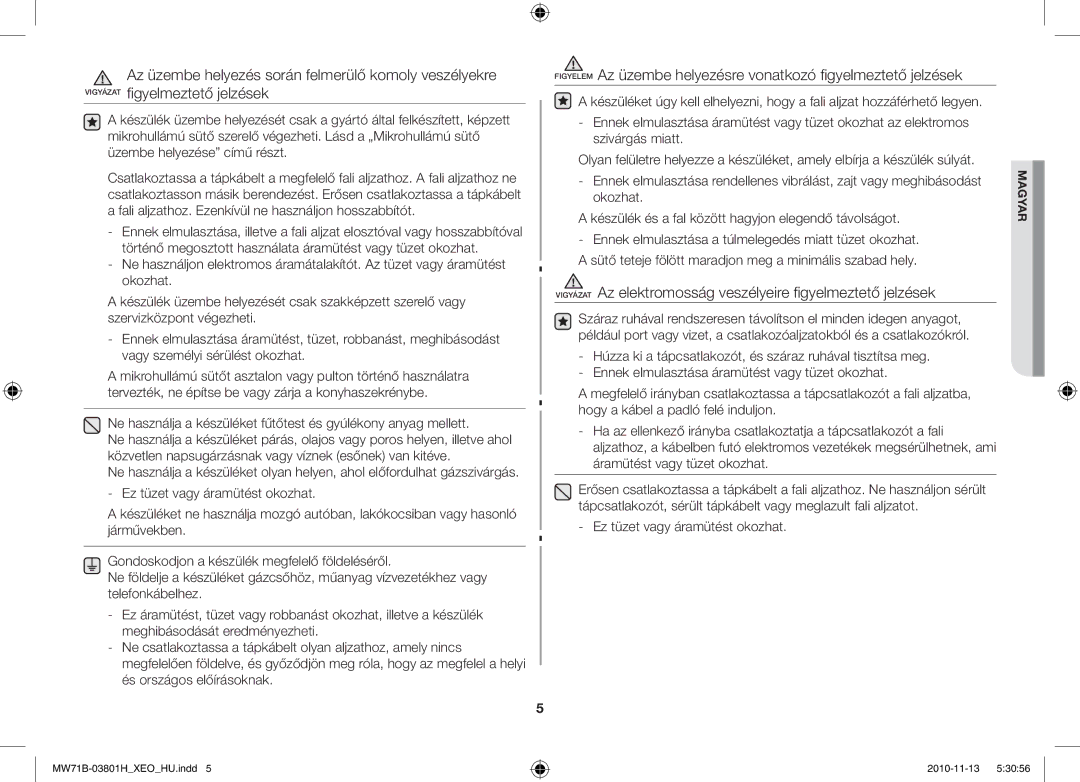 Samsung MW71B/XEO, MW71B/BOL, MW71B/ELE, MW71B/XEG manual Vigyázat Az elektromosság veszélyeire figyelmeztető jelzések 