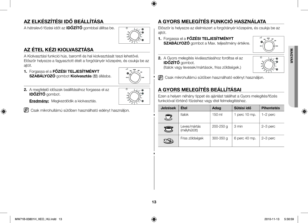 Samsung MW71B/XEO, MW71B/BOL AZ Elkészítési IDŐ Beállítása, AZ Étel Kézi Kiolvasztása, Gyors Melegítés Funkció Használata 