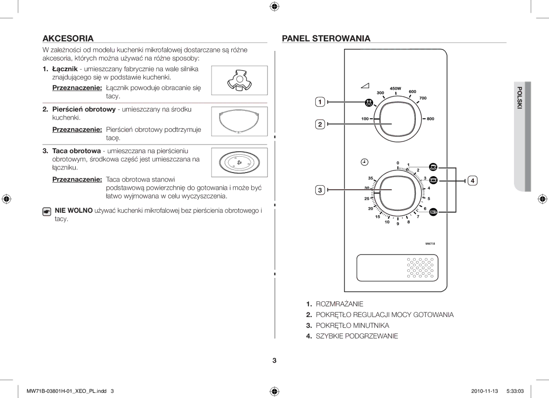 Samsung MW71B/XEG, MW71B/BOL, MW71B/XEO manual Akcesoria, Panel Sterowania, Pierścień obrotowy umieszczany na środku kuchenki 