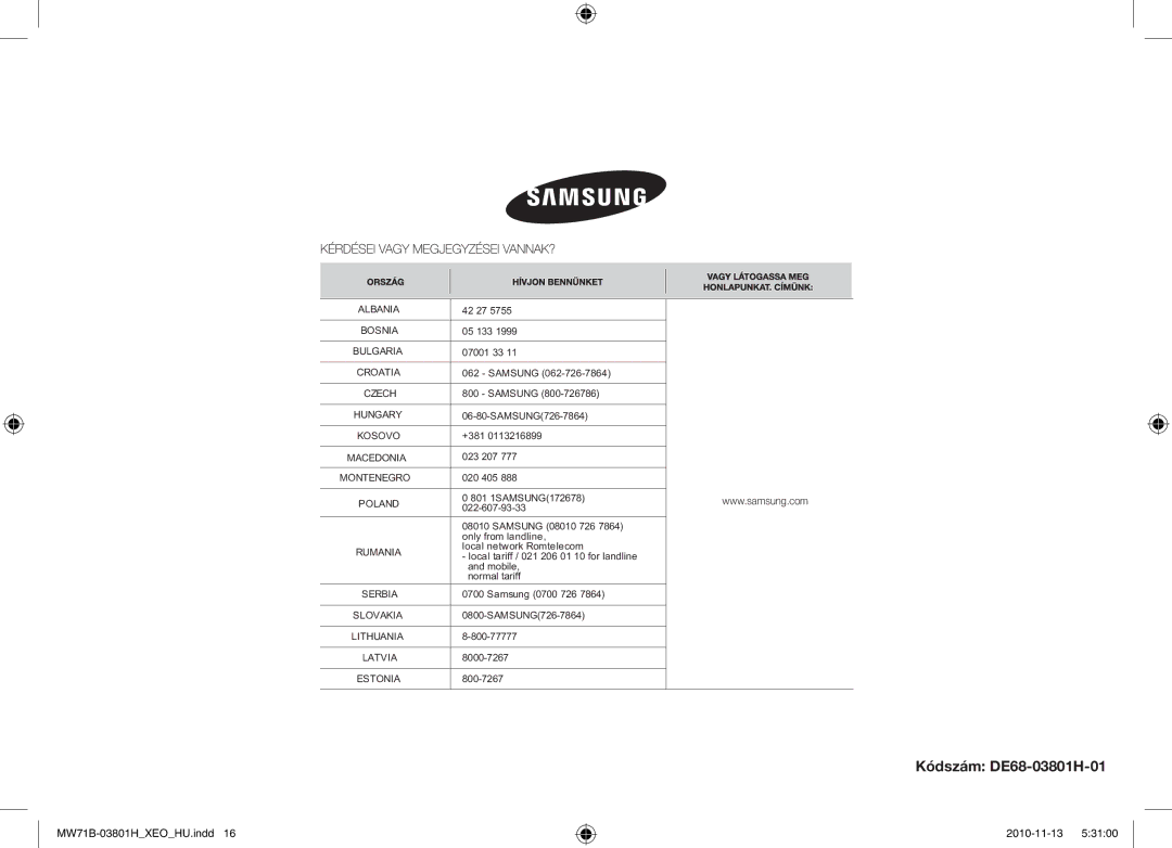 Samsung MW71B/BOL, MW71B/XEO, MW71B/ELE, MW71B/XEG manual Kódszám DE68-03801H-01 