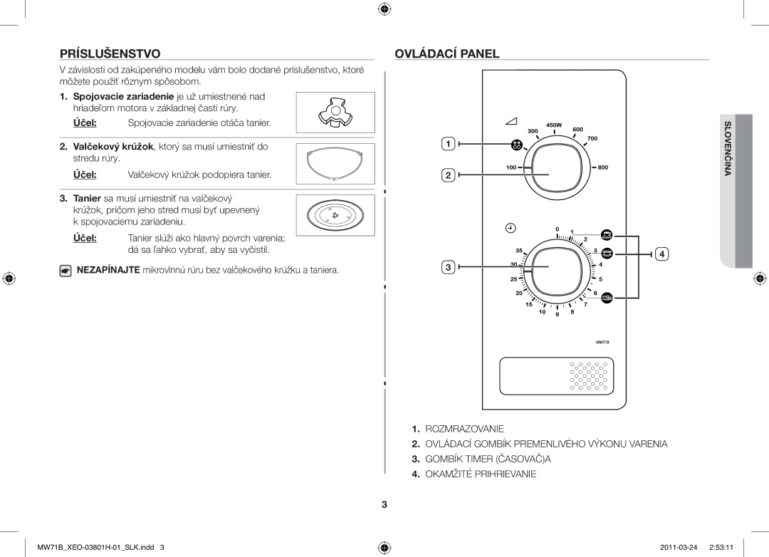 Samsung MW71B/XEG, MW71B/BOL, MW71B/XEO, MW71B/ELE manual Príslušenstvo, Ovládací panel 