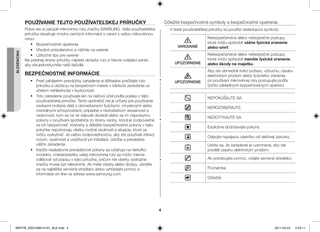 Samsung MW71B/BOL, MW71B/XEO, MW71B/ELE, MW71B/XEG manual Používanie tejto používateľskej príručky, Bezpečnostné informácie 