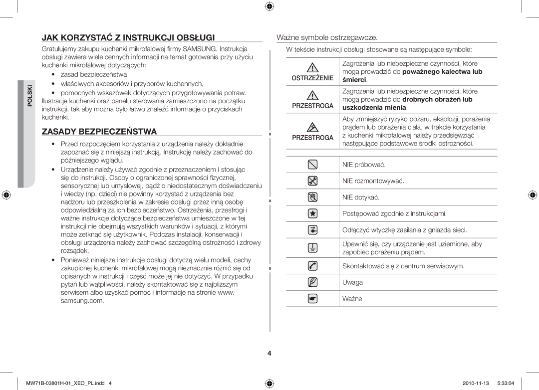 Samsung MW71B/BOL, MW71B/XEO manual JAK Korzystać Z Instrukcji Obsługi, Zasady Bezpieczeństwa, Ważne symbole ostrzegawcze 