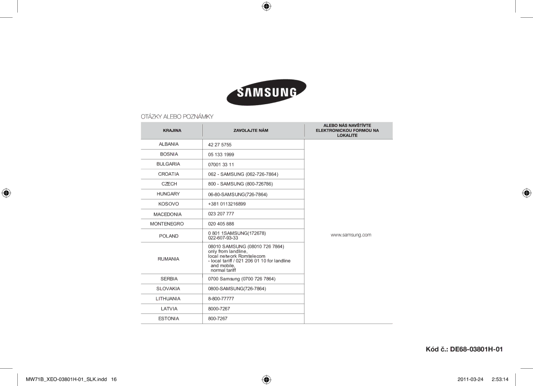 Samsung MW71B/BOL, MW71B/XEO, MW71B/ELE, MW71B/XEG manual Kód č. DE68-03801H-01, Bosnia 