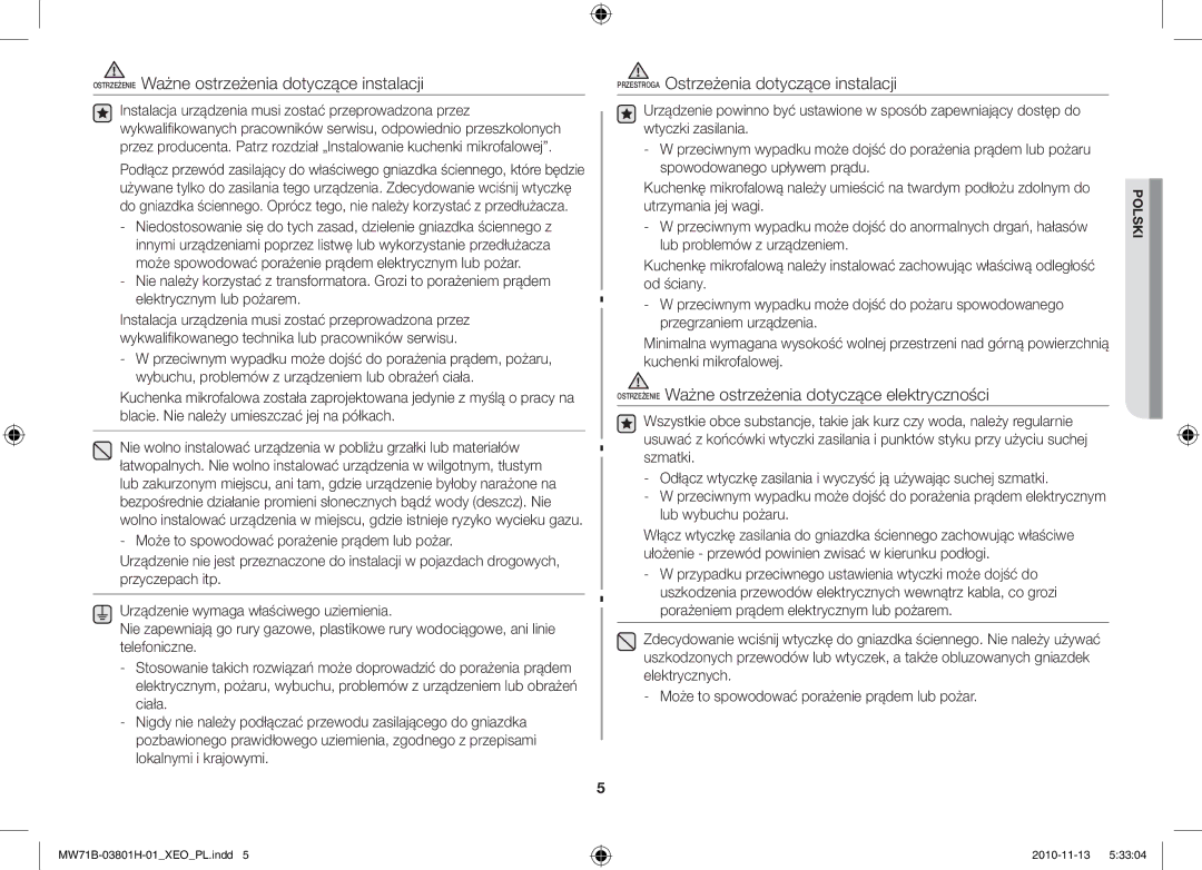 Samsung MW71B/XEO, MW71B/BOL, MW71B/ELE, MW71B/XEG manual Ostrzeżenie Ważne ostrzeżenia dotyczące elektryczności 