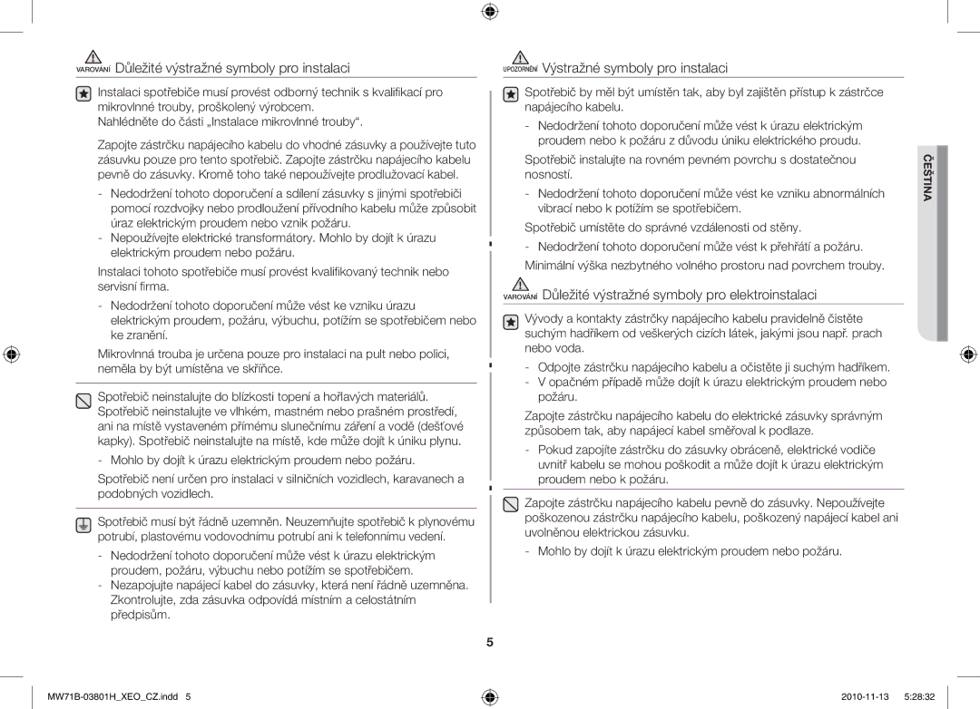 Samsung MW71B/XEO, MW71B/BOL, MW71B/ELE, MW71B/XEG manual Varování Důležité výstražné symboly pro elektroinstalaci 