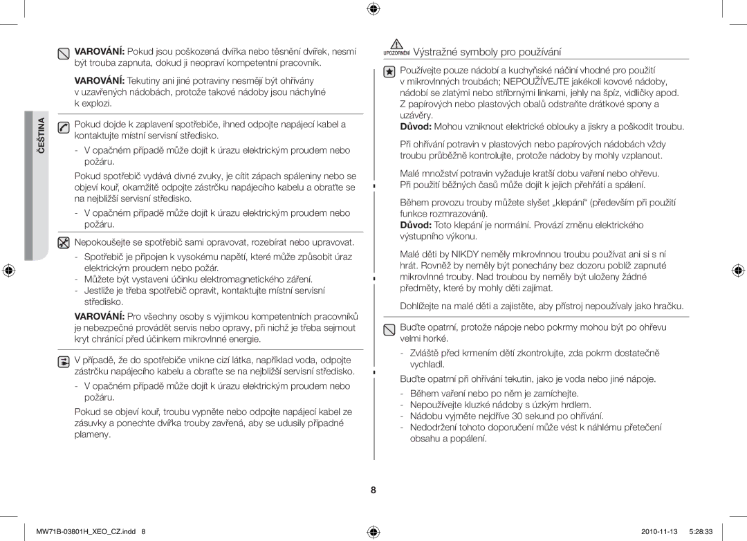 Samsung MW71B/BOL, MW71B/XEO, MW71B/ELE, MW71B/XEG manual Upozornění Výstražné symboly pro používání 