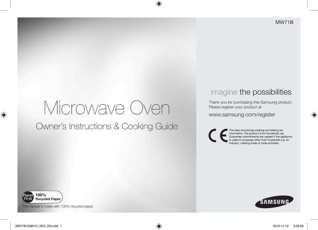 Samsung MW71B/XEO, MW71B/BOL, MW71B/ELE, MW71B/XEG manual Microwave Oven 