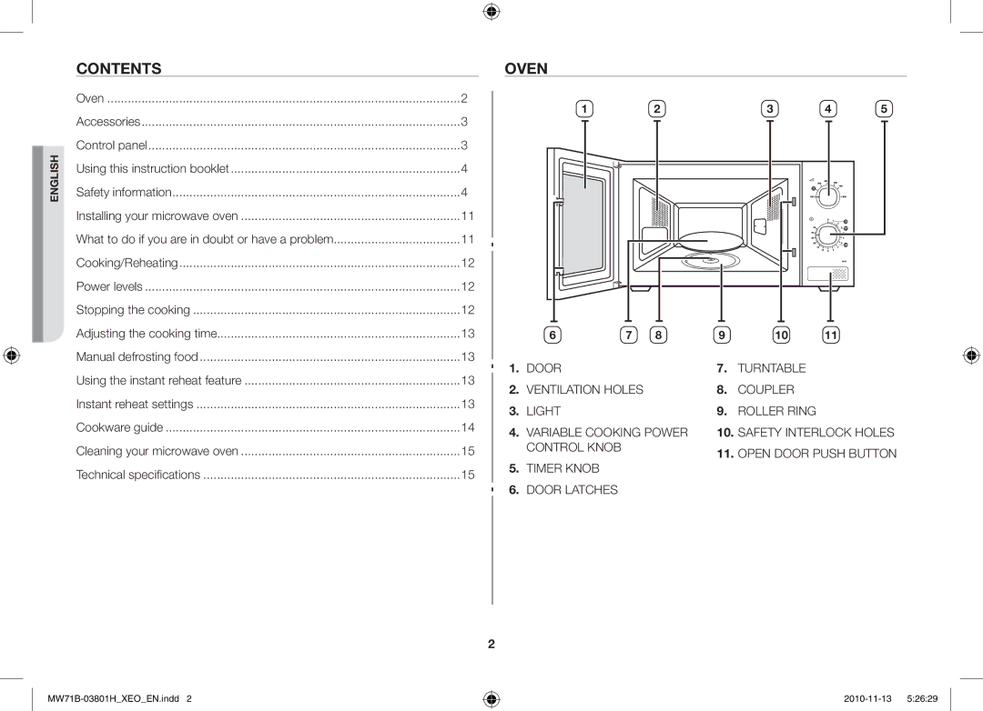 Samsung MW71B/ELE, MW71B/BOL, MW71B/XEO, MW71B/XEG manual Contents, Oven 