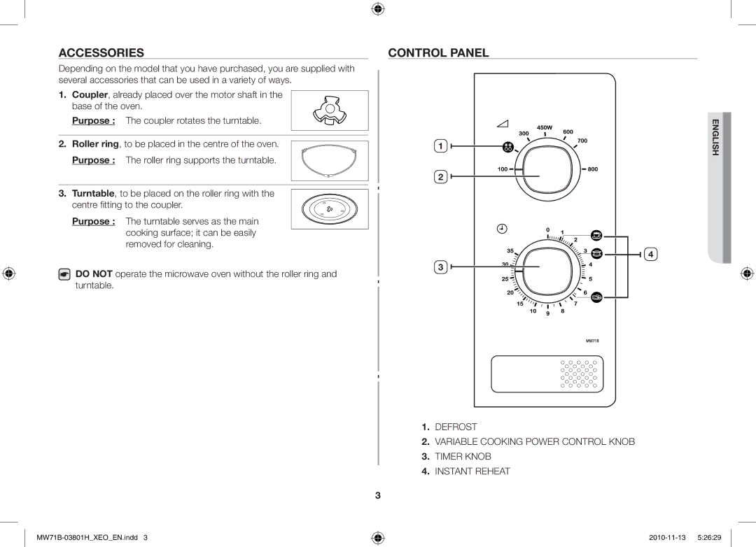 Samsung MW71B/XEG, MW71B/BOL, MW71B/XEO, MW71B/ELE manual Accessories, Control Panel 