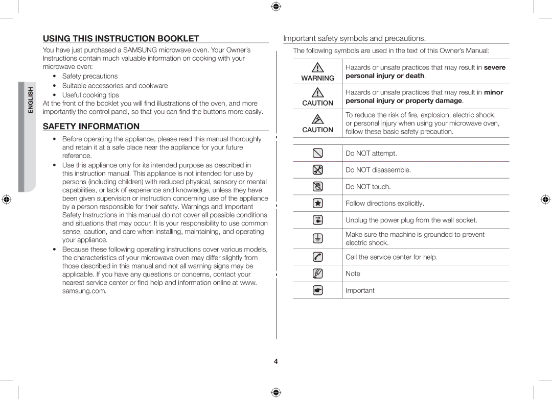 Samsung MW71B/BOL, MW71B/XEO Using this Instruction Booklet, Safety Information, Important safety symbols and precautions 