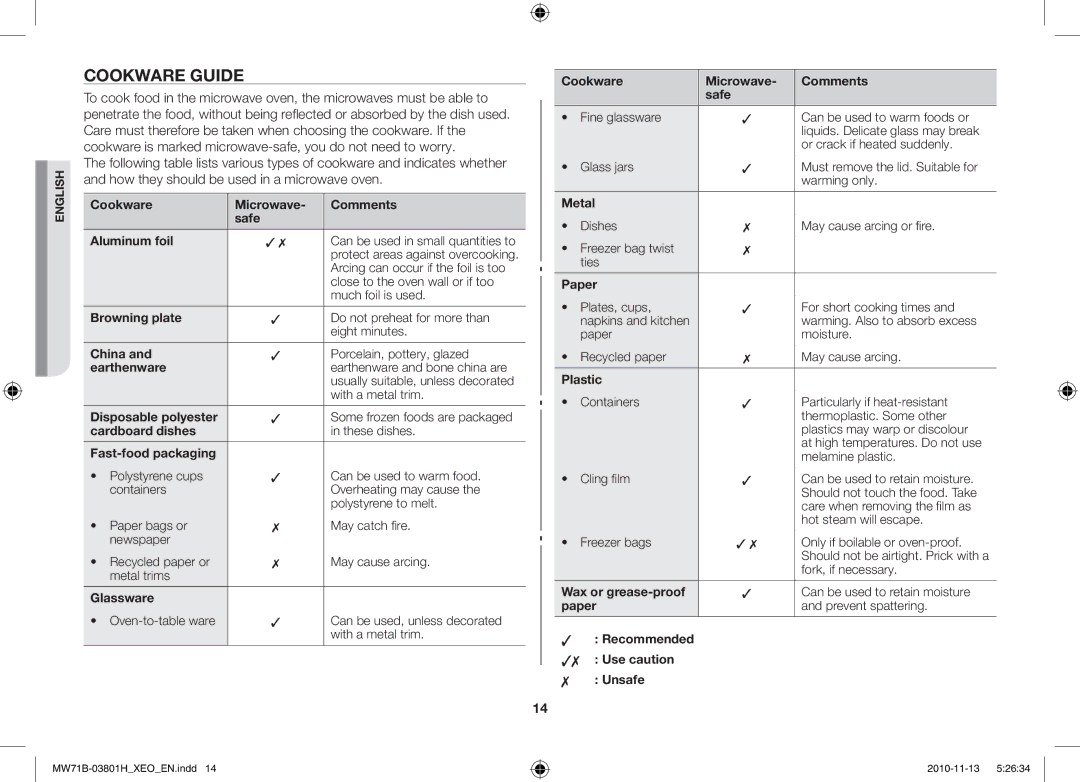 Samsung MW71B/ELE, MW71B/BOL, MW71B/XEO, MW71B/XEG manual Cookware Guide 