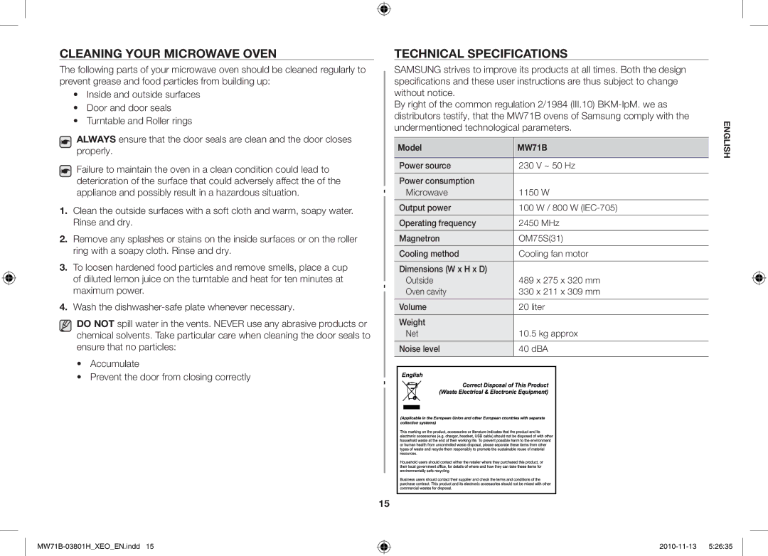 Samsung MW71B/XEG, MW71B/BOL, MW71B/XEO, MW71B/ELE manual Cleaning Your Microwave Oven, Technical Specifications 