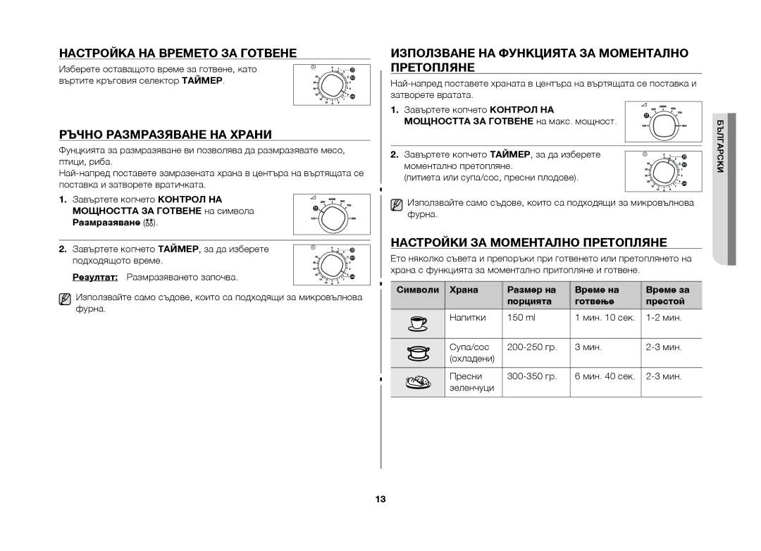 Samsung MW71B/BOL manual Настройка на времето за готвене, Ръчно размразяване на храни, Настройки за моментално претопляне 