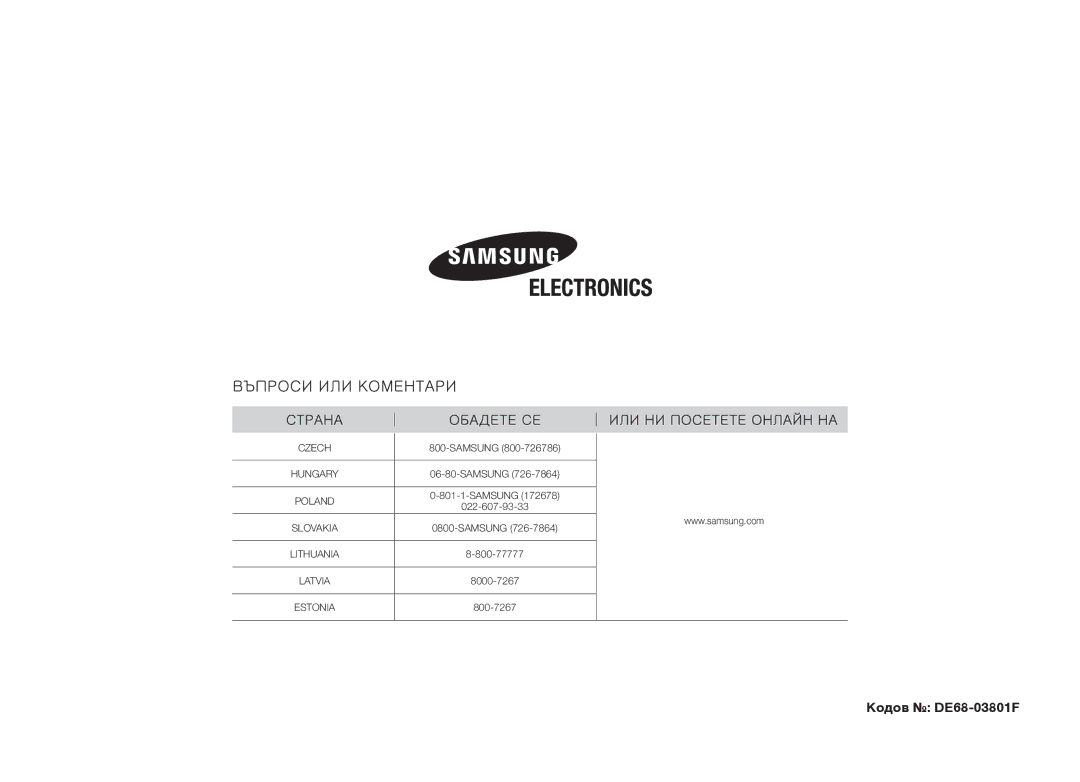 Samsung MW71B/BOL manual Кодов DE68-03801F 