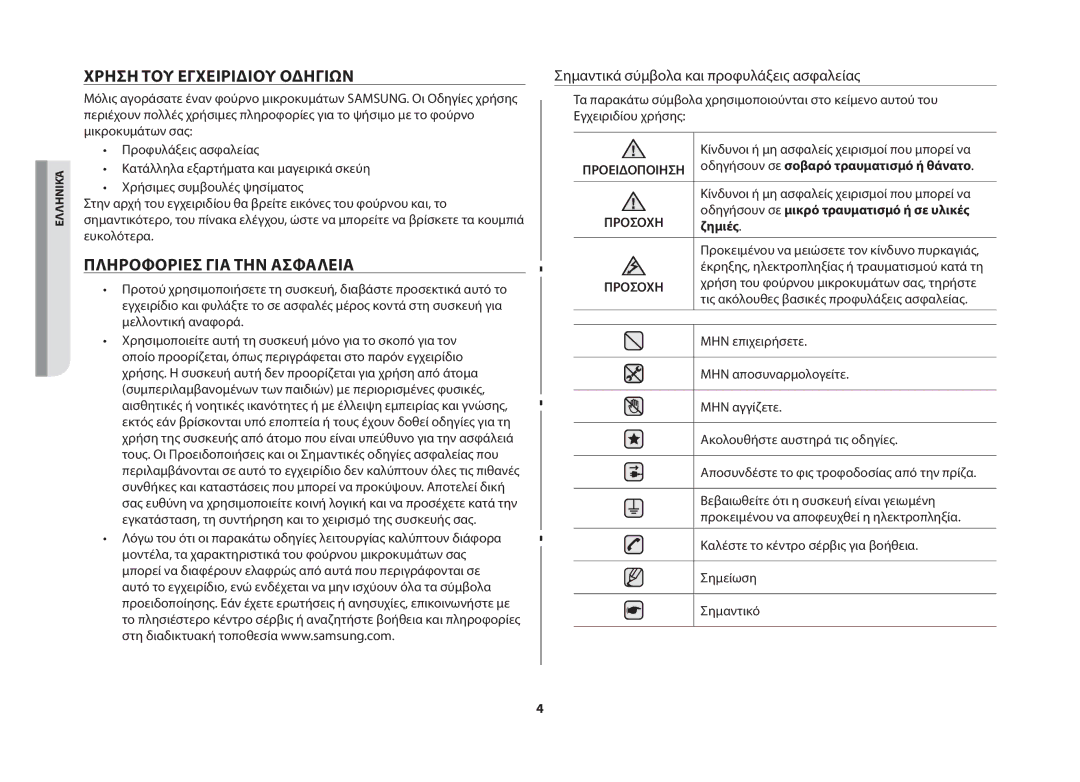 Samsung MW71B/ELE Χρήση του εγχειριδίου οδηγιών, Πληροφορίες για την ασφάλεια, Σημαντικά σύμβολα και προφυλάξεις ασφαλείας 