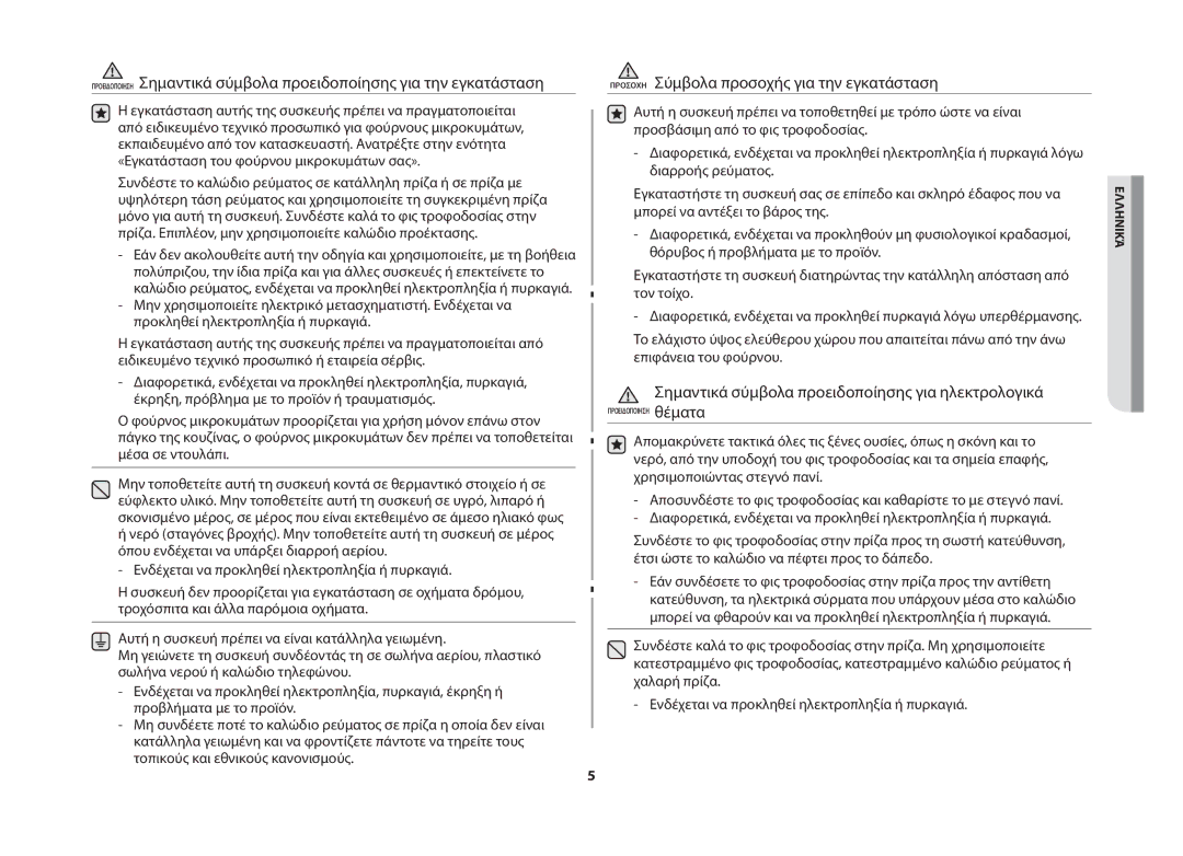 Samsung MW71B/ELE manual Προσοχη Σύμβολα προσοχής για την εγκατάσταση, Σημαντικά σύμβολα προειδοποίησης για ηλεκτρoλογικά 