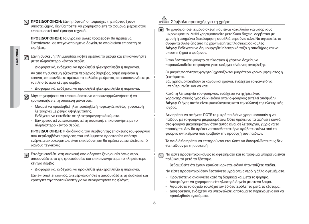 Samsung MW71B/ELE manual Προσοχη Σύμβολα προσοχής για τη χρήση, Ισχύος 