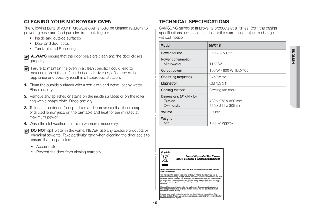 Samsung MW71B/ELE manual Cleaning your microwave oven, Technical specifications 