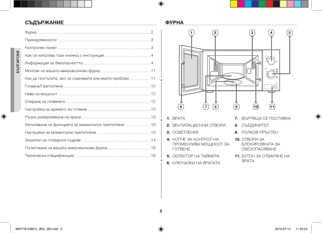 Samsung MW71B/BOL, MW71B/FAL, MW71B/XSV, MW71B/XEO, MW73B/BAL, MW71B/ELE, MW71B/XEG manual Съдържание, Фурна 