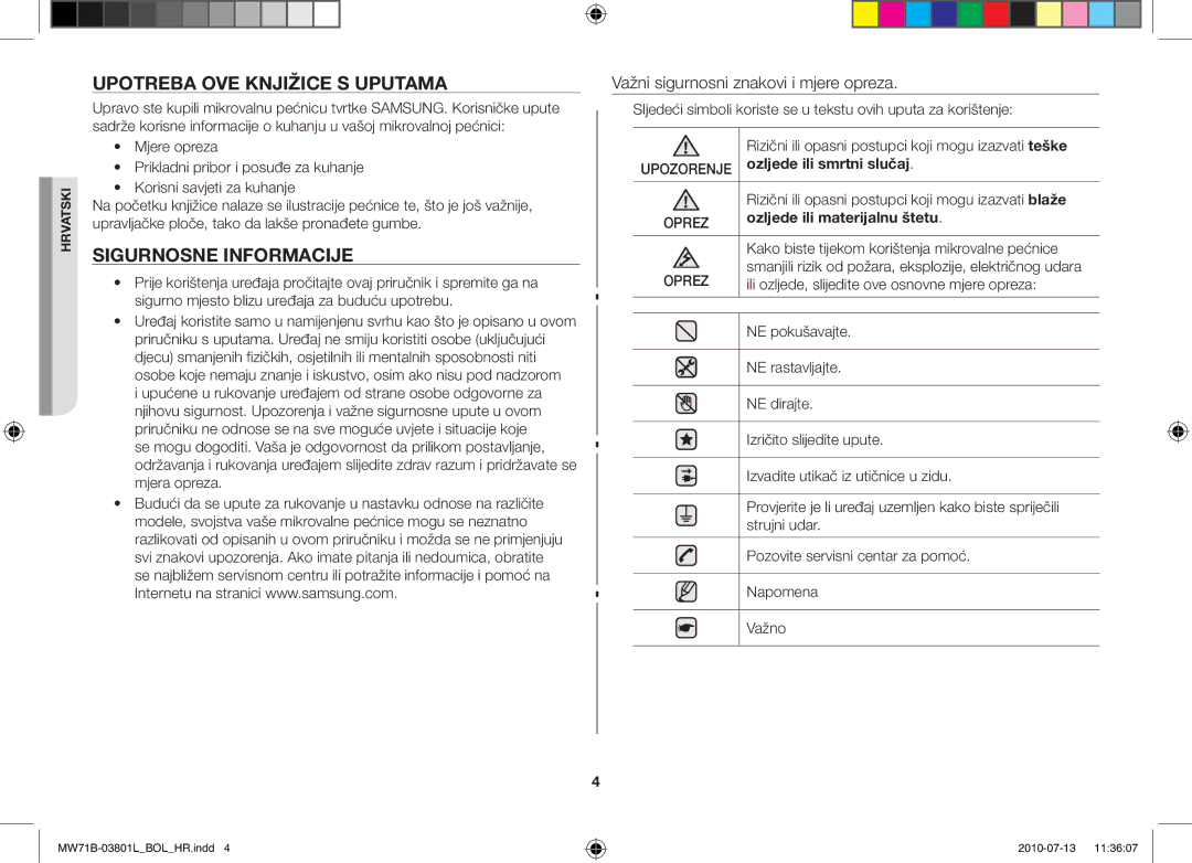 Samsung MW71B/XEG manual Upotreba ove knjižice s uputama, Sigurnosne informacije, Važni sigurnosni znakovi i mjere opreza 