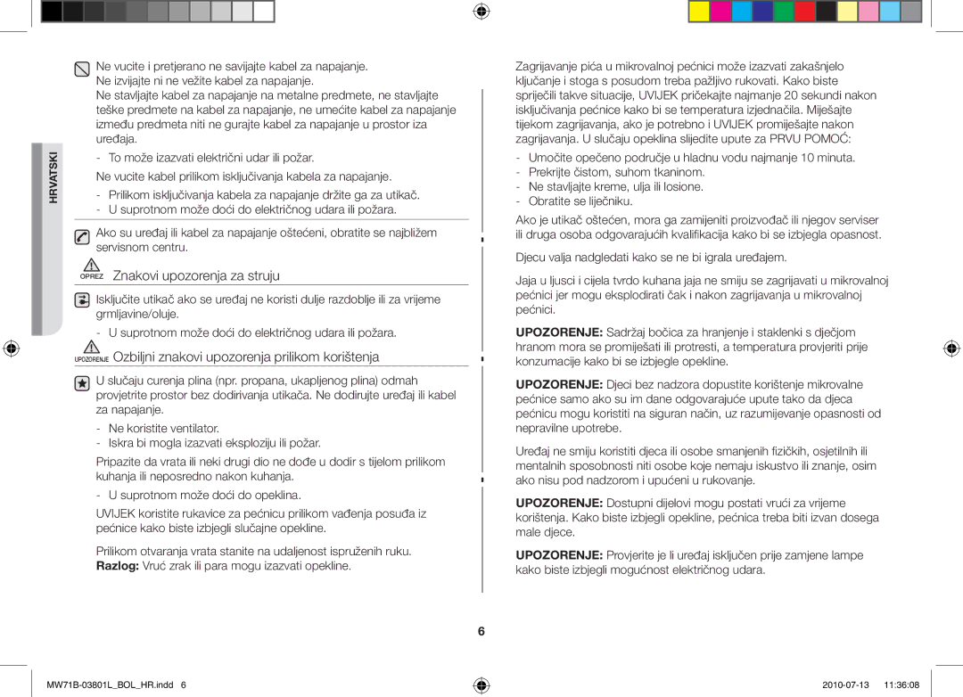 Samsung MW71B/XSV manual Oprez Znakovi upozorenja za struju, Upozorenje Ozbiljni znakovi upozorenja prilikom korištenja 