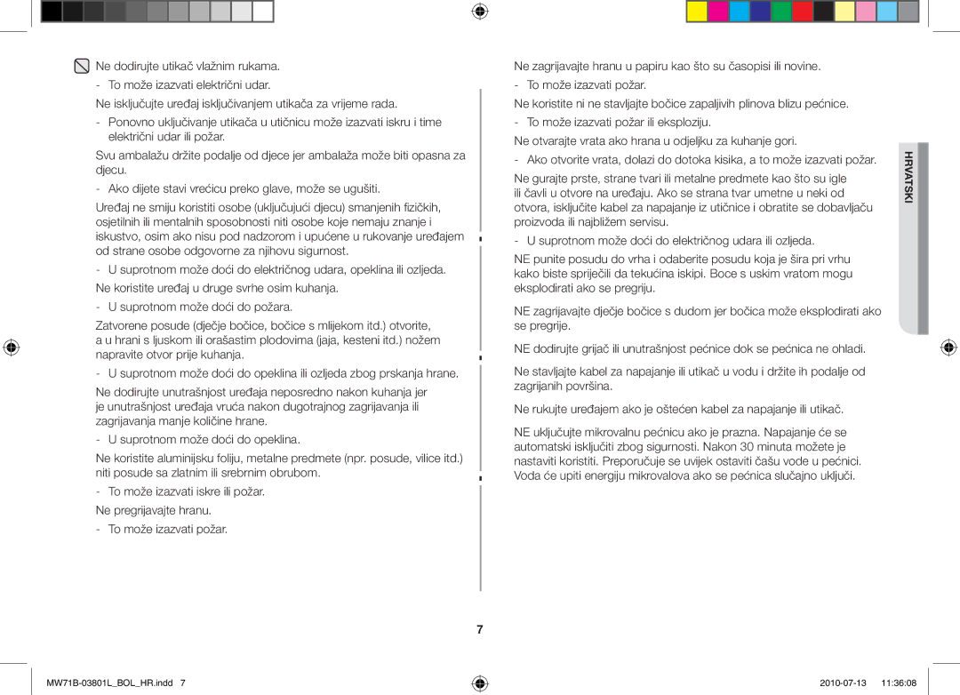 Samsung MW71B/BOL, MW71B/FAL, MW71B/XSV, MW71B/XEO, MW73B/BAL, MW71B/ELE, MW71B/XEG manual Hrvatski 