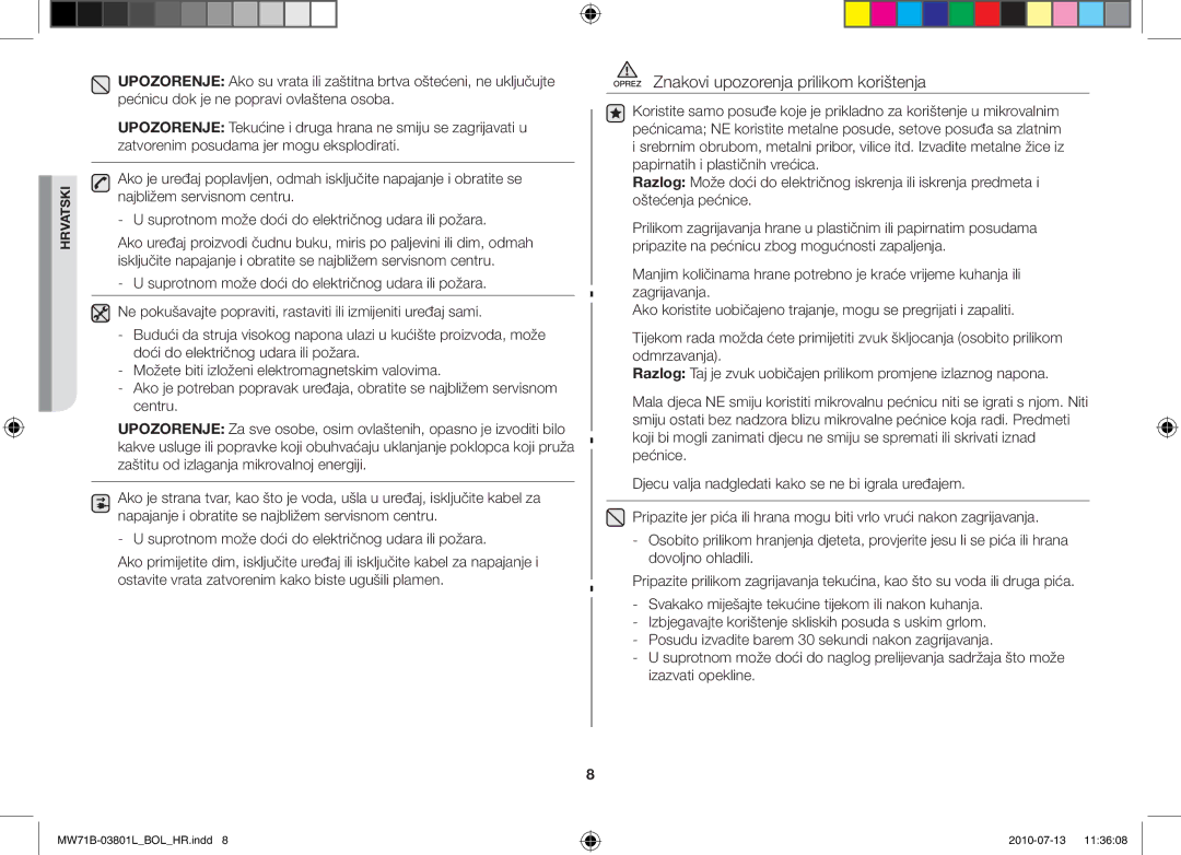 Samsung MW71B/XEO, MW71B/FAL, MW71B/XSV, MW71B/BOL, MW73B/BAL, MW71B/ELE manual Oprez Znakovi upozorenja prilikom korištenja 