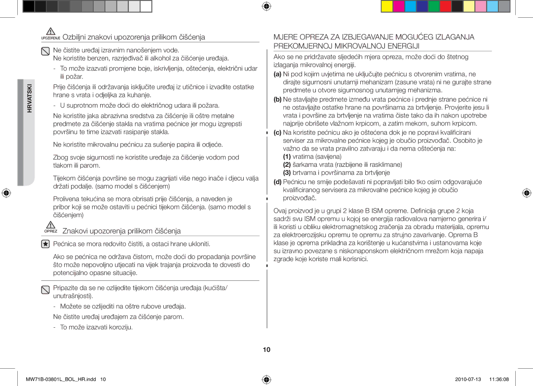 Samsung MW71B/ELE Upozorenje Ozbiljni znakovi upozorenja prilikom čišćenja, Oprez Znakovi upozorenja prilikom čišćenja 