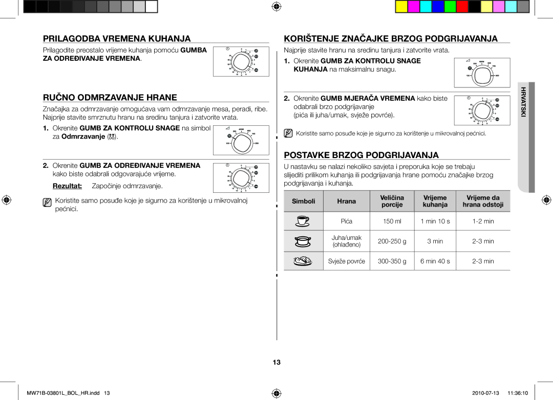 Samsung MW71B/XSV, MW71B/FAL Prilagodba vremena kuhanja, Ručno odmrzavanje hrane, Korištenje značajke brzog podgrijavanja 