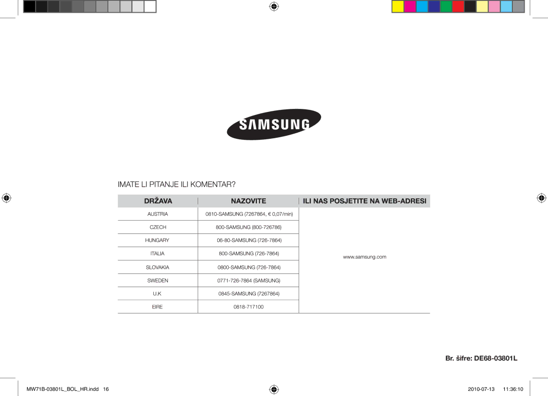 Samsung MW73B/BAL, MW71B/FAL, MW71B/XSV, MW71B/BOL, MW71B/XEO, MW71B/ELE, MW71B/XEG manual Br. šifre DE68-03801L 