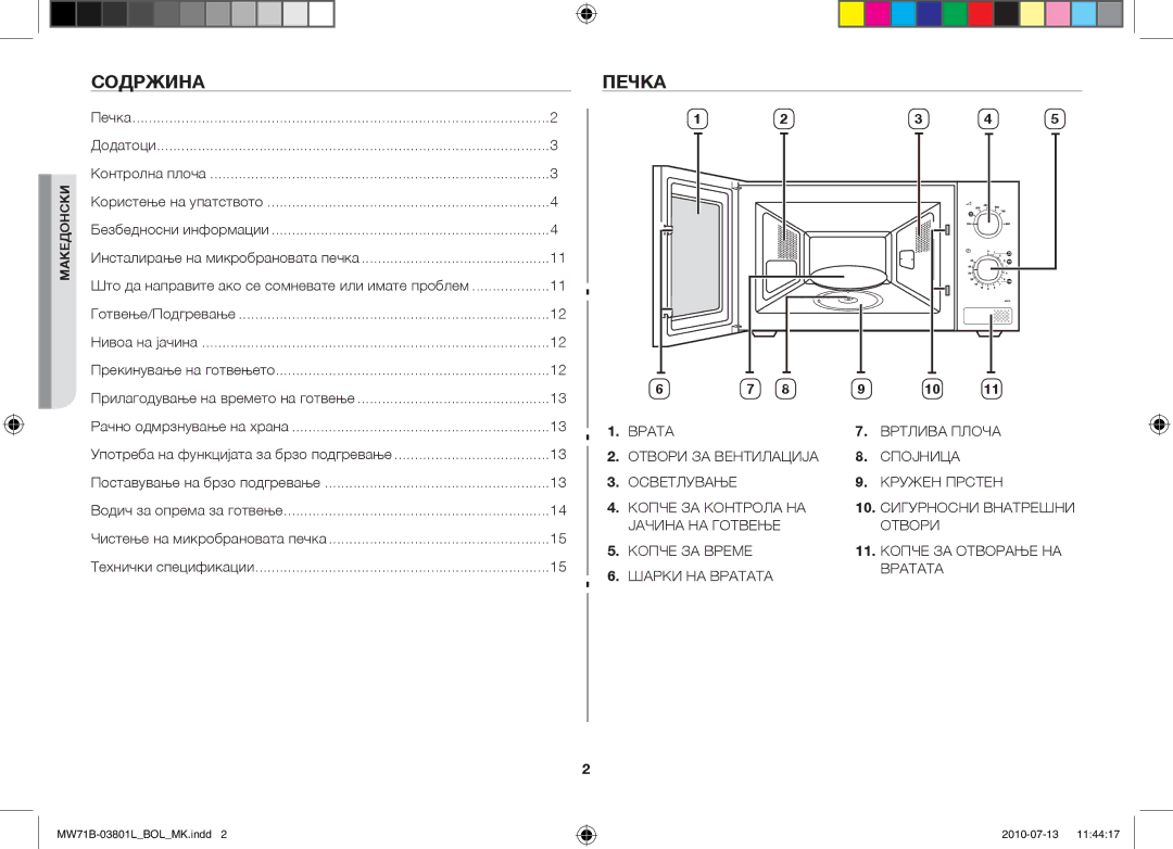 Samsung MW71B/XEG, MW71B/FAL, MW71B/XSV, MW71B/BOL, MW71B/XEO, MW73B/BAL, MW71B/ELE manual Содржина, Печка 