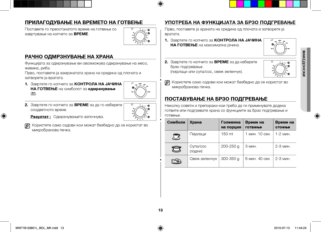 Samsung MW71B/XEO manual Прилагодување на времето на готвење, Рачно одмрзнување на храна, Поставување на брзо подгревање 