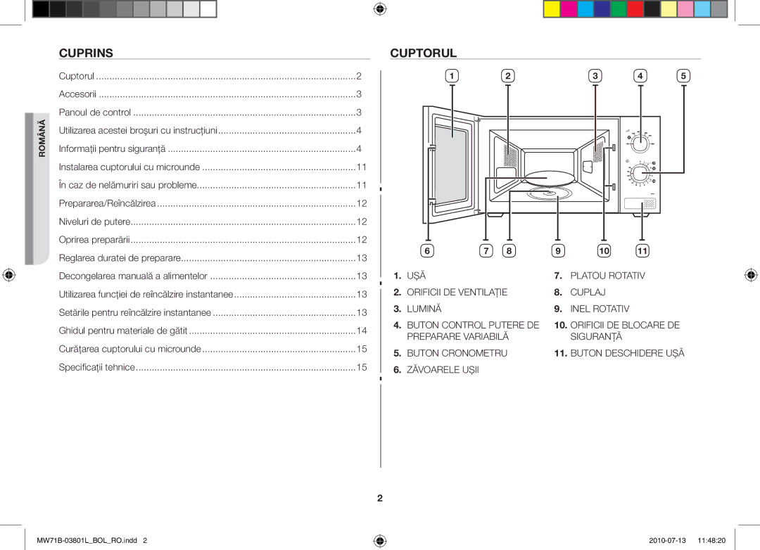 Samsung MW71B/XSV, MW71B/FAL, MW71B/BOL, MW71B/XEO, MW73B/BAL, MW71B/ELE, MW71B/XEG manual Cuprins, Cuptorul 