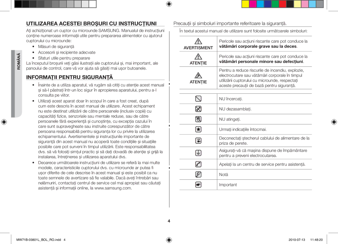 Samsung MW71B/XEO, MW71B/FAL, MW71B/XSV, MW71B/BOL Utilizarea acestei broşuri cu instrucţiuni, Informaţii pentru siguranţă 