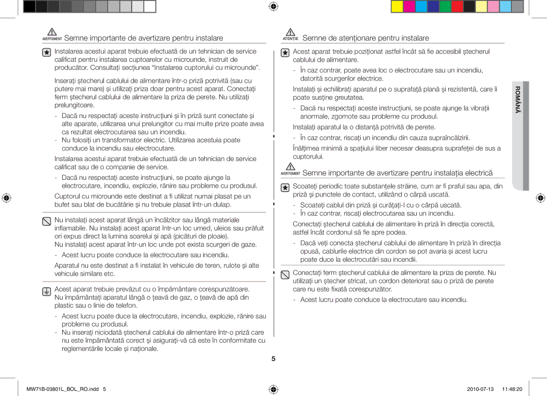 Samsung MW73B/BAL, MW71B/FAL, MW71B/XSV, MW71B/BOL, MW71B/XEO, MW71B/ELE, MW71B/XEG manual Română 