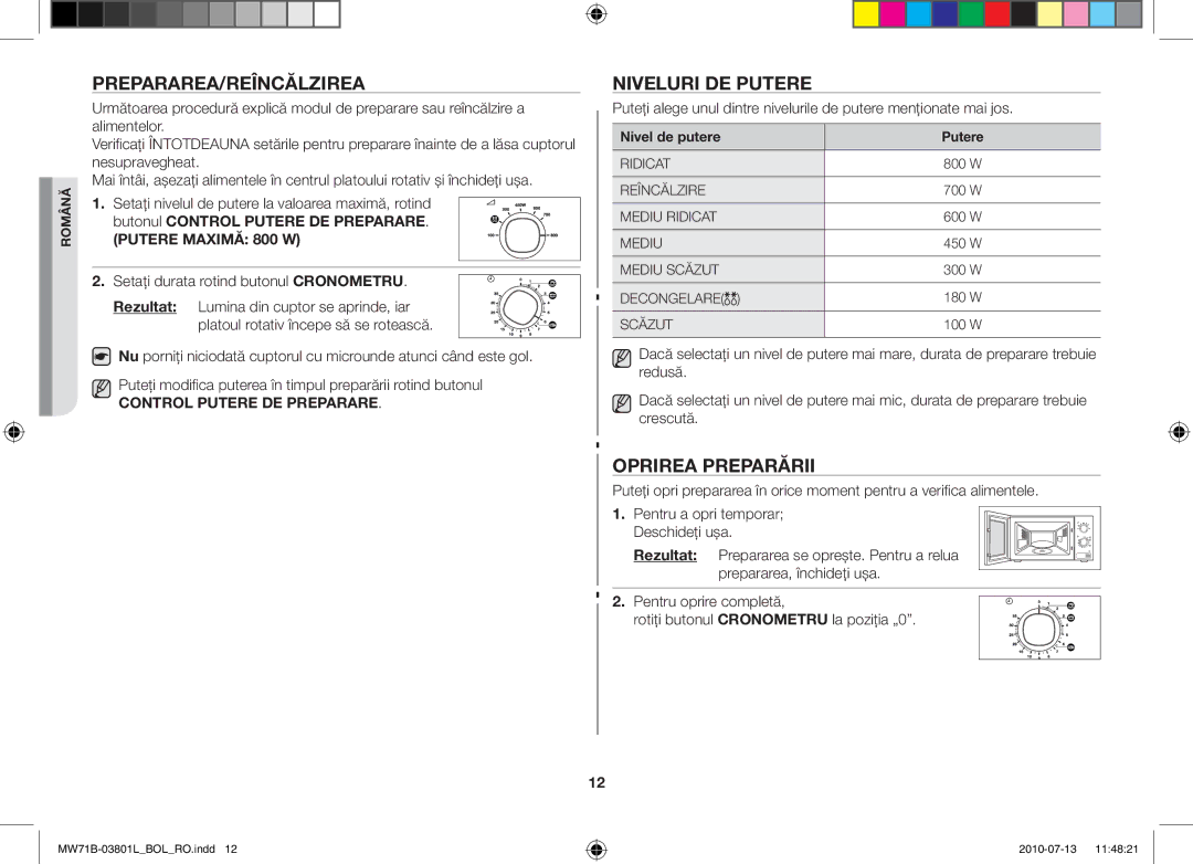 Samsung MW73B/BAL, MW71B/FAL manual Prepararea/Reîncălzirea, Niveluri de putere, Oprirea preparării, Nivel de putere Putere 