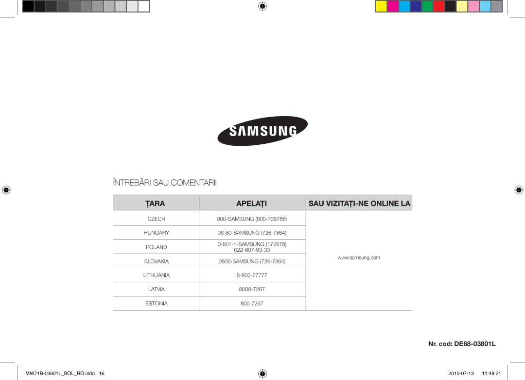 Samsung MW71B/XSV, MW71B/FAL, MW71B/BOL, MW71B/XEO, MW73B/BAL, MW71B/ELE, MW71B/XEG manual Nr. cod DE68-03801L 