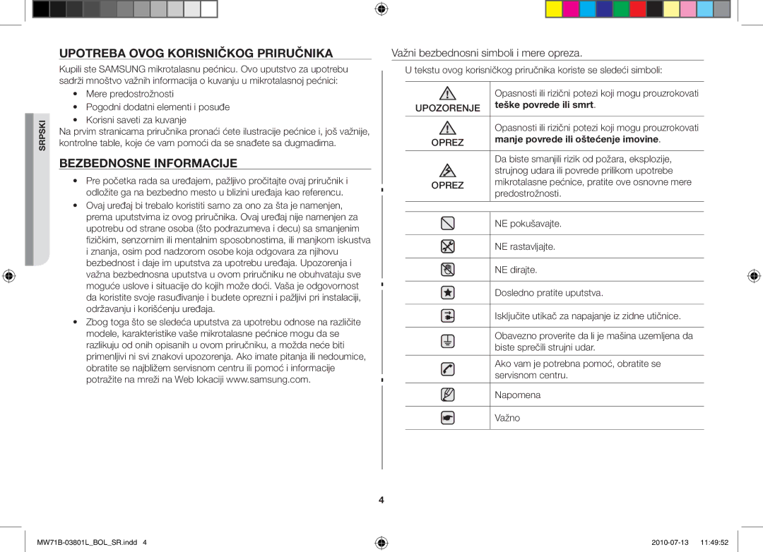 Samsung MW71B/ELE Upotreba ovog korisničkog priručnika, Bezbednosne informacije, Važni bezbednosni simboli i mere opreza 