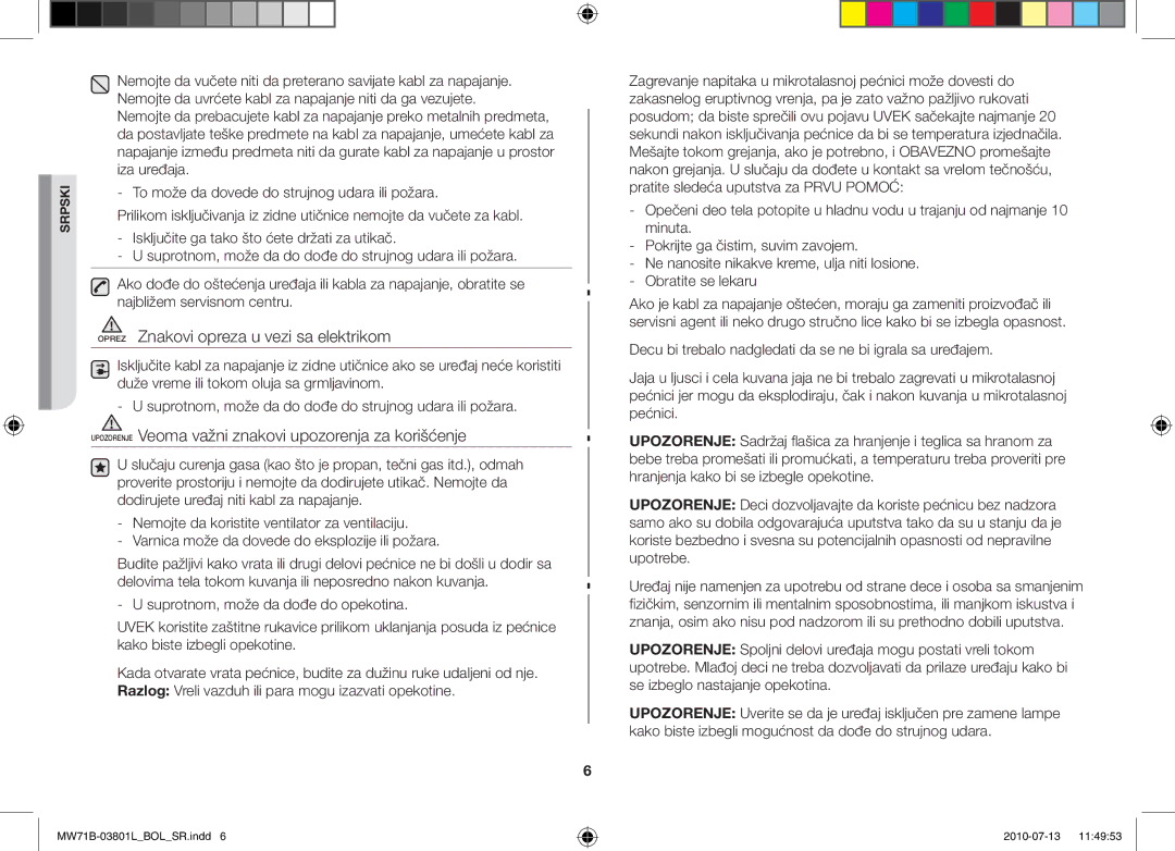 Samsung MW71B/FAL manual Oprez Znakovi opreza u vezi sa elektrikom, Upozorenje Veoma važni znakovi upozorenja za korišćenje 