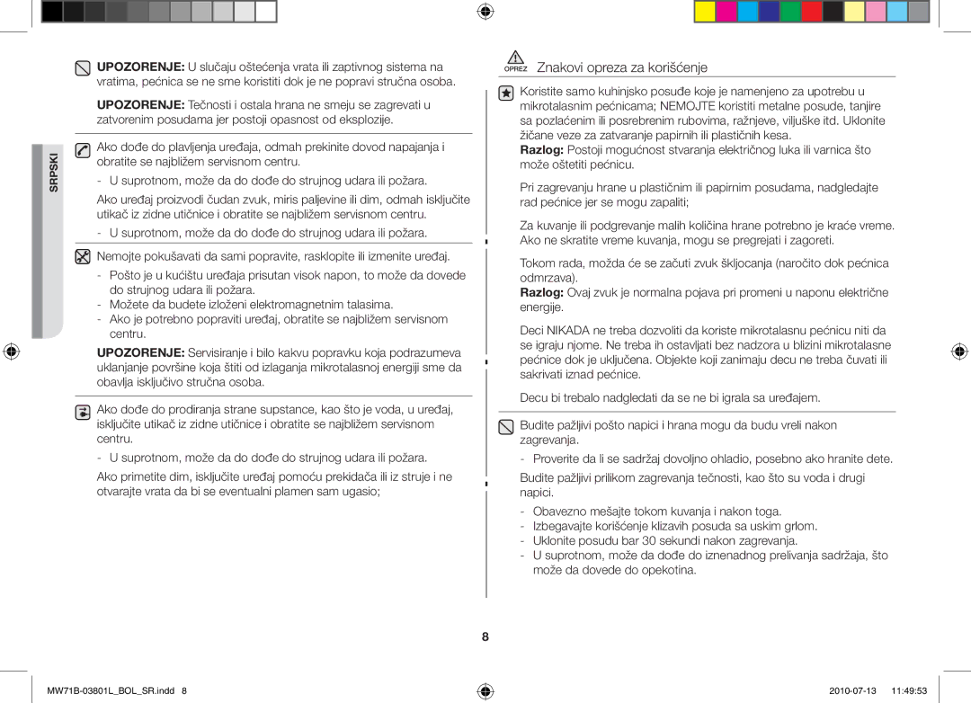 Samsung MW71B/BOL, MW71B/FAL, MW71B/XSV, MW71B/XEO, MW73B/BAL, MW71B/ELE, MW71B/XEG manual Oprez Znakovi opreza za korišćenje 