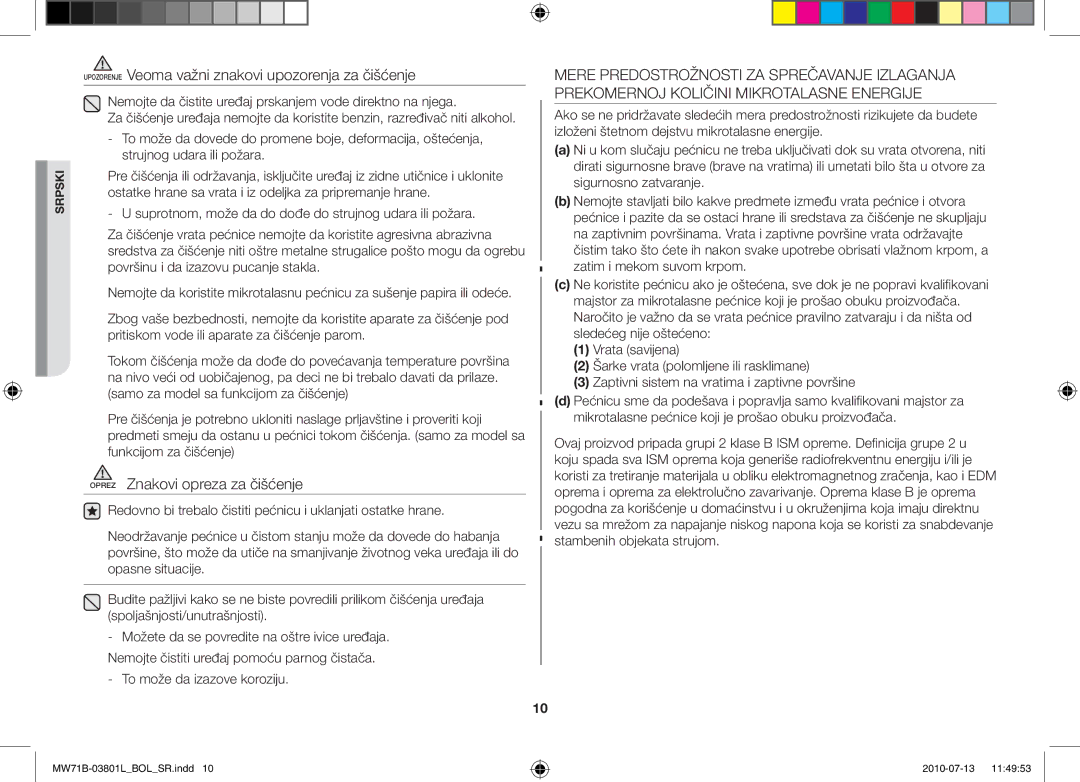 Samsung MW73B/BAL, MW71B/FAL manual Upozorenje Veoma važni znakovi upozorenja za čišćenje, Oprez Znakovi opreza za čišćenje 