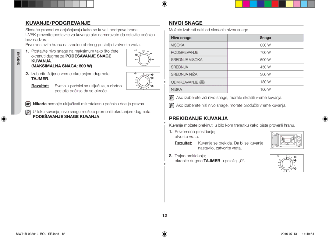 Samsung MW71B/XEG, MW71B/FAL, MW71B/XSV, MW71B/BOL Kuvanje/Podgrevanje, Nivoi snage, Prekidanje kuvanja, Nivo snage Snaga 